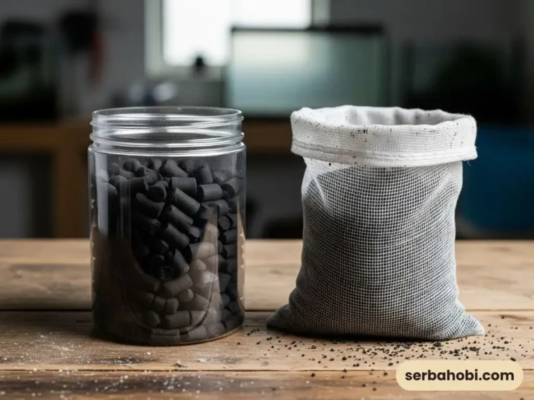 karbon aktif yang sudah diolah dalam toples dan kantong untuk Media Filter Kimia Aquarium