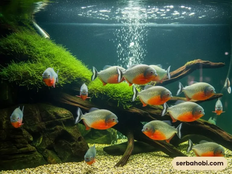 sekelompok red belly piranha berenang bersama didalam aquarium