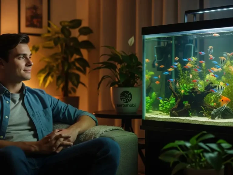 seorang pria mengamati ikan didalam aquarium dan terlihat senang karena memelihara ikan hias sebagai penghilang stres