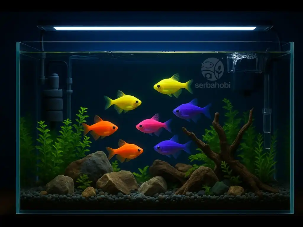 ikan glofish berenang bersama didalam aquarium pada malam hari - ikan glofish panduan lengkap
