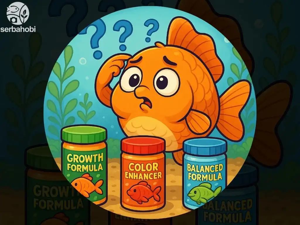 ikan sedang bingung memilih pelet yang sesuai antara growth,color dan balanced