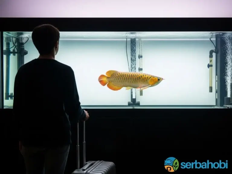 Seorang pria memandangi ikan Arwana Golden Red besar di dalam aquarium dari belakang sambil membawa koper, bersiap untuk liburan.