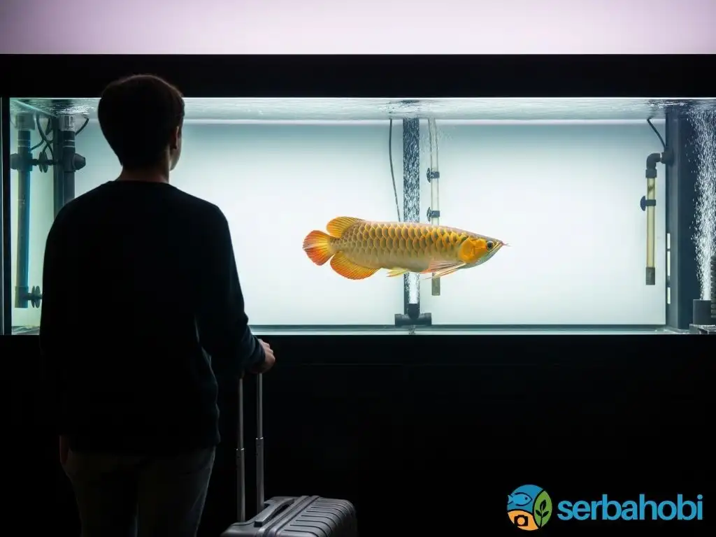 Seorang pria memandangi ikan Arwana Golden Red besar di dalam aquarium dari belakang sambil membawa koper, bersiap untuk liburan.