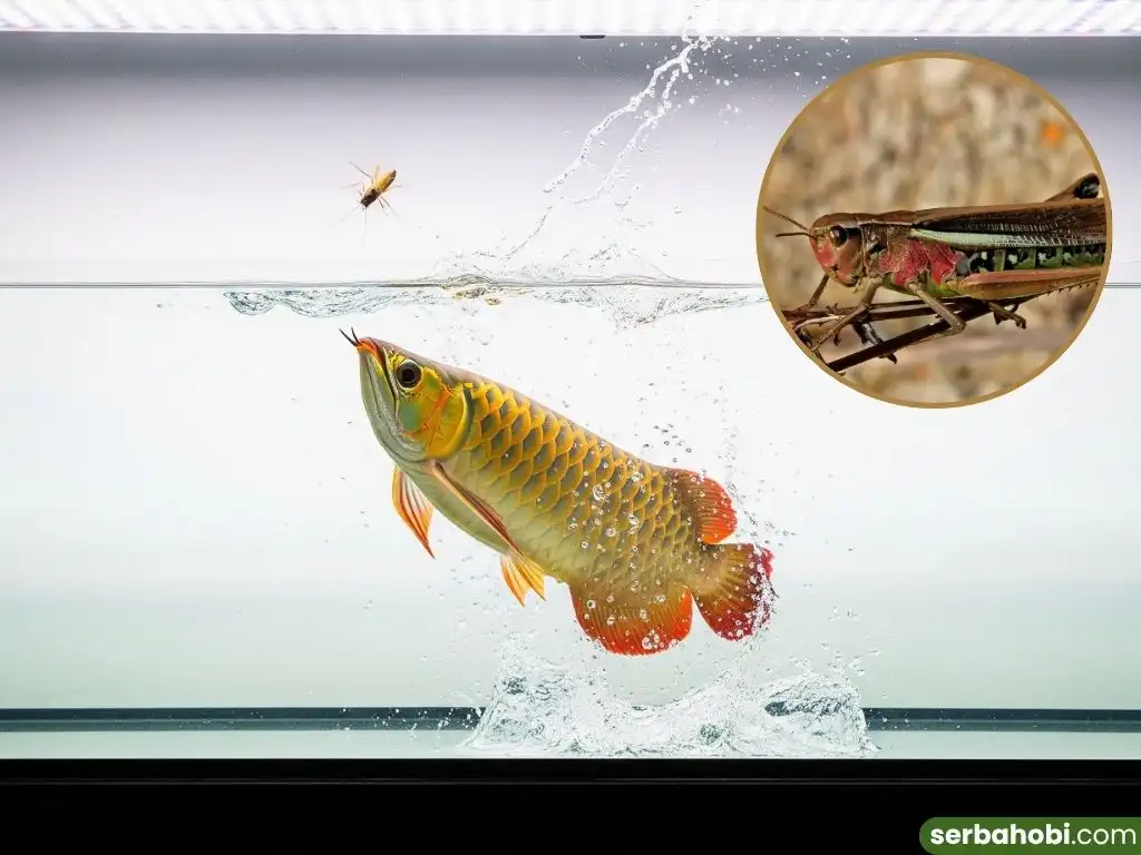 Ikan arwana sedang menyambar jangkrik di permukaan air aquarium