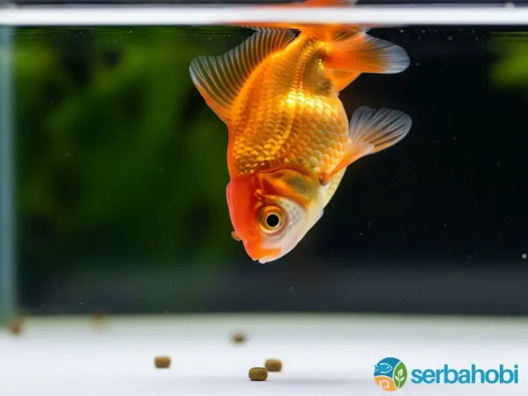 Seekor ikan koki Oranda yang sakit sedang berenang terbalik di dekat permukaan air aquarium, menunjukkan gejala jelas dari penyakit swim bladder disorder