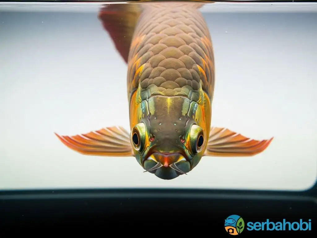 Close-up kepala ikan Golden Red Arowana yang mengalami kondisi Drop Eye, di mana matanya terlihat turun ke bawah, difoto di dalam aquarium dengan latar belakang putih