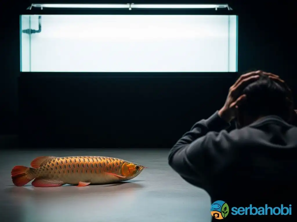 Seorang penghobi tampak menyesal di depan ikan Arowana Golden Red yang tergeletak mati di lantai, akibat melompat dari aquarium yang penutupnya terbuka di latar belakang.
