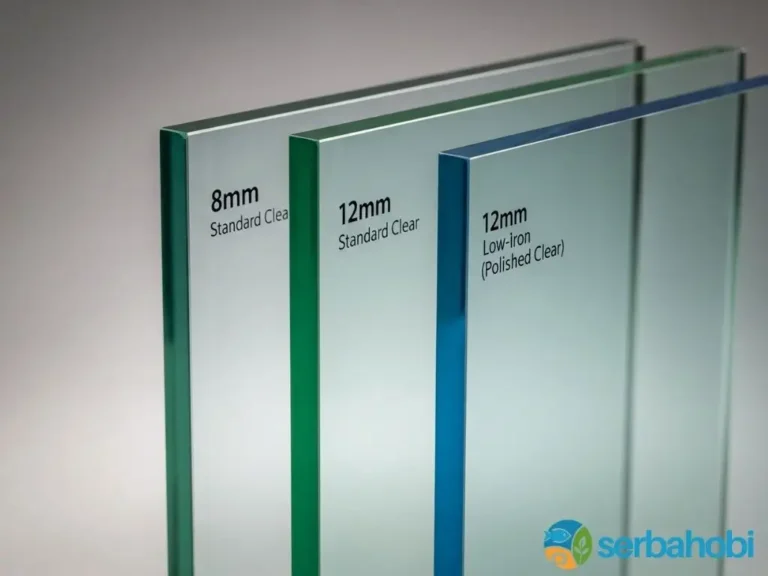 perbandingan visual tiga jenis kaca untuk aquarium: kaca 8mm dan 12mm Standard Clear dengan pinggiran hijau, dan kaca 12mm Low-Iron yang sangat jernih.