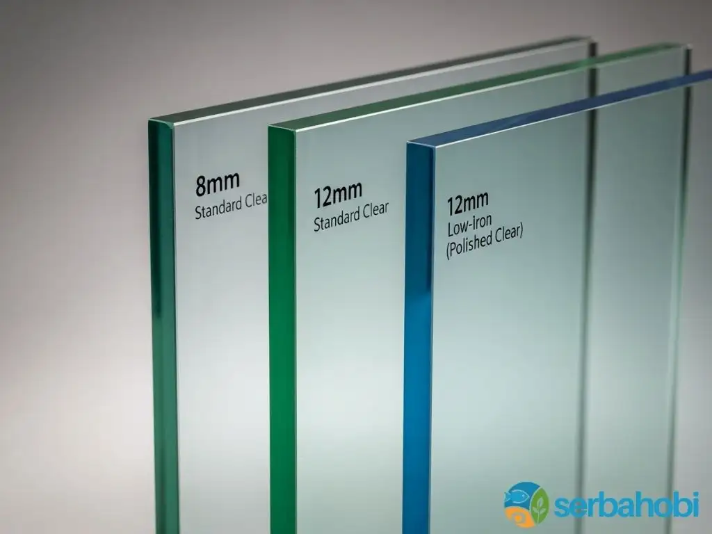 perbandingan visual tiga jenis kaca untuk aquarium: kaca 8mm dan 12mm Standard Clear dengan pinggiran hijau, dan kaca 12mm Low-Iron yang sangat jernih.