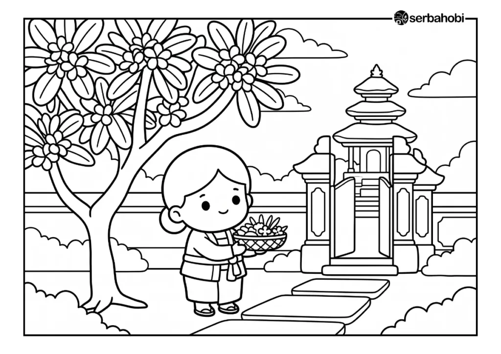 Halaman mewarnai anak yang menampilkan seorang anak perempuan membawa canang sari berisi bunga di depan pura tradisional dan pohon kamboja.