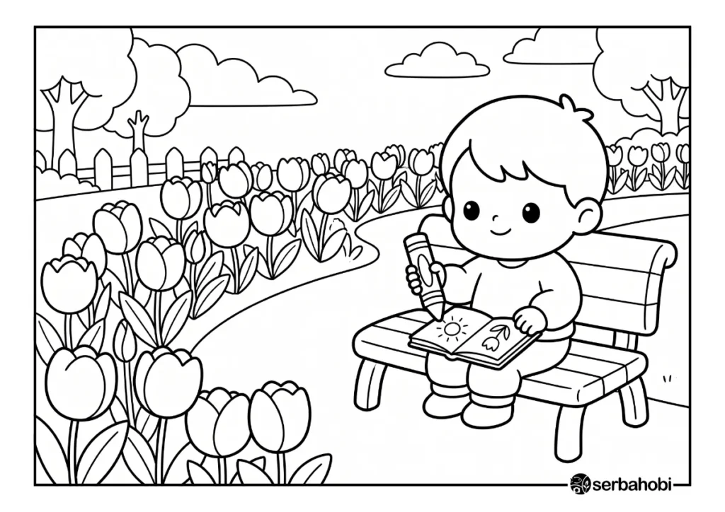 Halaman mewarnai anak yang menampilkan seorang anak kecil lucu duduk di bangku taman menggambar bunga tulip dengan krayon.