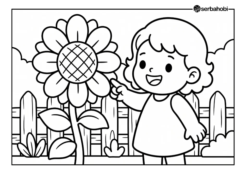 Lembar mewarnai gratis yang menampilkan seorang anak perempuan sedang tersenyum dan menunjuk bunga matahari besar di taman dengan latar pagar kayu.
