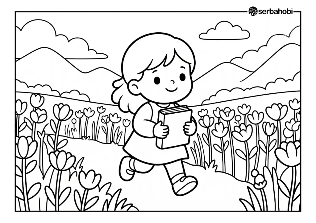 Halaman mewarnai anak yang menampilkan seorang anak perempuan lucu sedang berlari ceria membawa sebuah buku di tengah ladang bunga dengan latar pegunungan.