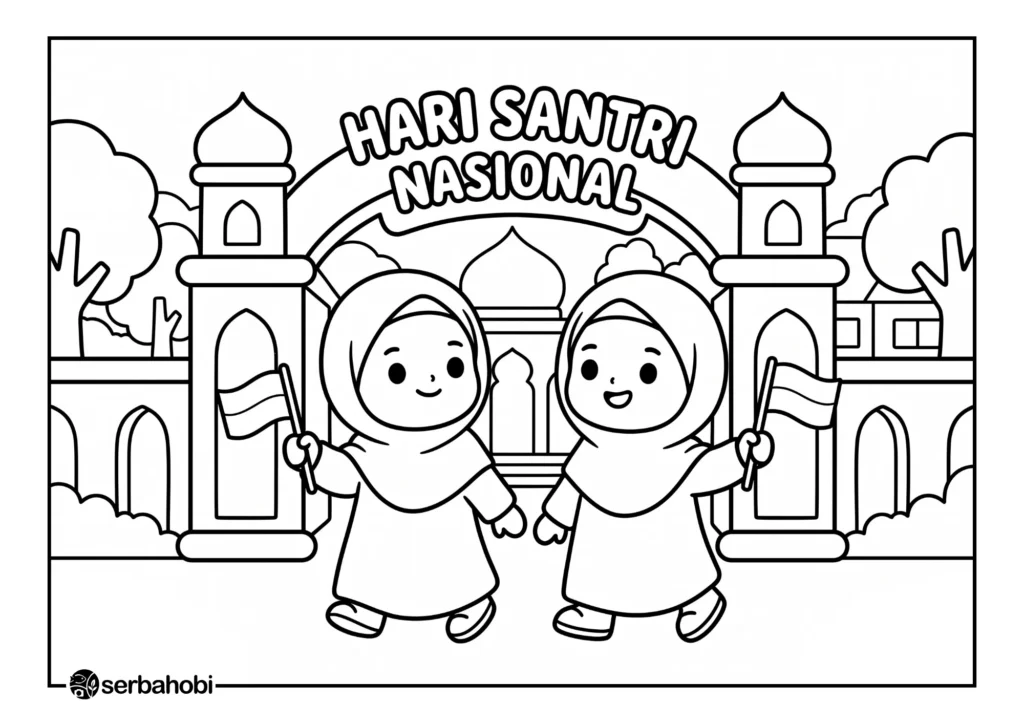 Lembar mewarnai gratis yang menampilkan dua santriwati lucu tersenyum sambil membawa bendera Indonesia di depan gerbang perayaan Hari Santri Nasional.