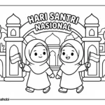 Lembar mewarnai gratis yang menampilkan dua santriwati lucu tersenyum sambil membawa bendera Indonesia di depan gerbang perayaan Hari Santri Nasional.