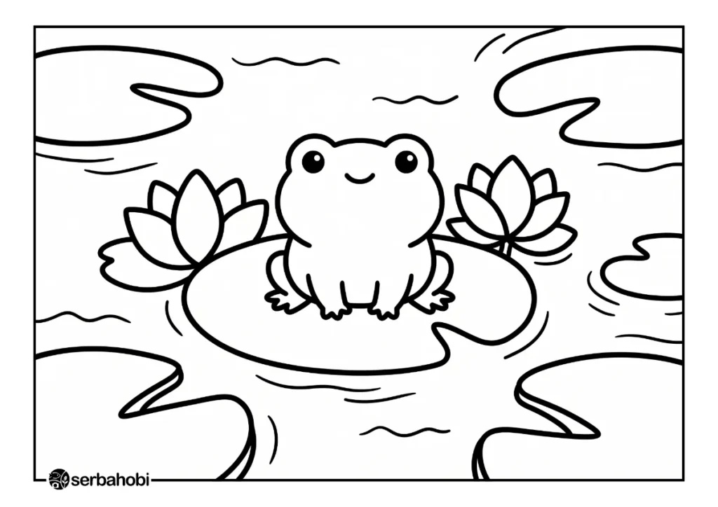 Lembar mewarnai gratis yang menampilkan seekor katak sedang duduk manis di atas daun teratai di kolam yang tenang.
