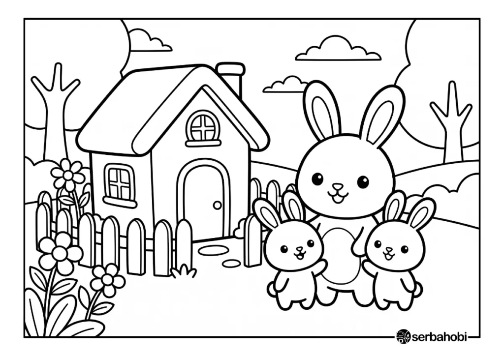 Seekor induk kelinci dan dua anak kelinci tersenyum berdiri di depan rumah mungil berpagar, halaman mewarnai anak yang lucu dan mudah untuk balita.