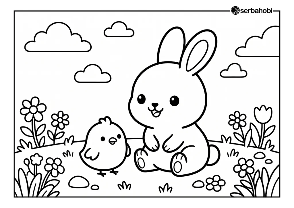 Lembar mewarnai anak gratis menampilkan kelinci lucu dan anak ayam yang sedang duduk bahagia di antara bunga-bunga sederhana di taman bermain, sangat cocok untuk halaman mewarnai anak TK.
