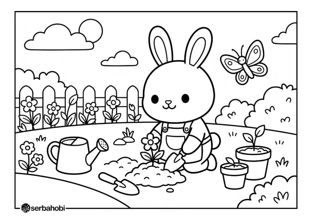 Kelinci lucu sedang menanam bibit bunga dengan sekop kecil di kebun yang asri bersama kupu-kupu, halaman mewarnai anak dengan garis tebal.