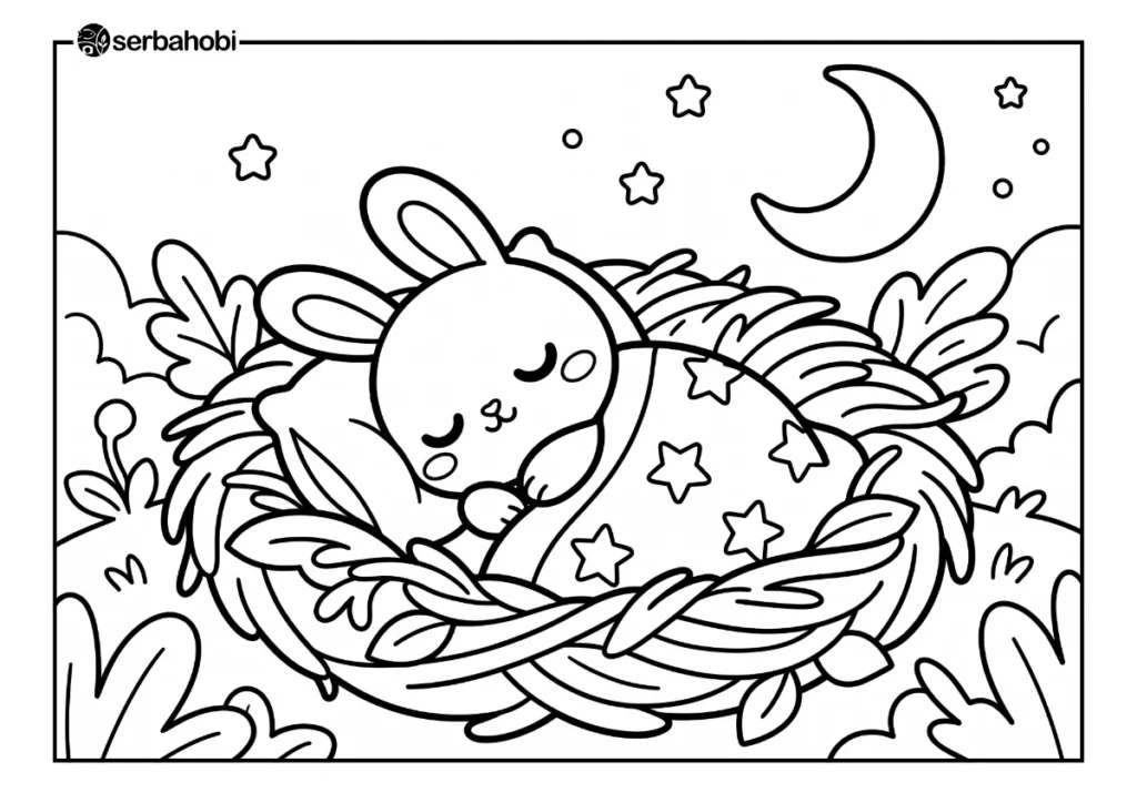 Lembar mewarnai gratis yang menampilkan kelinci kecil sedang tidur pulas di dalam sarang dengan selimut bermotif bintang dan bulan sabit yang cocok untuk aktivitas seni anak.