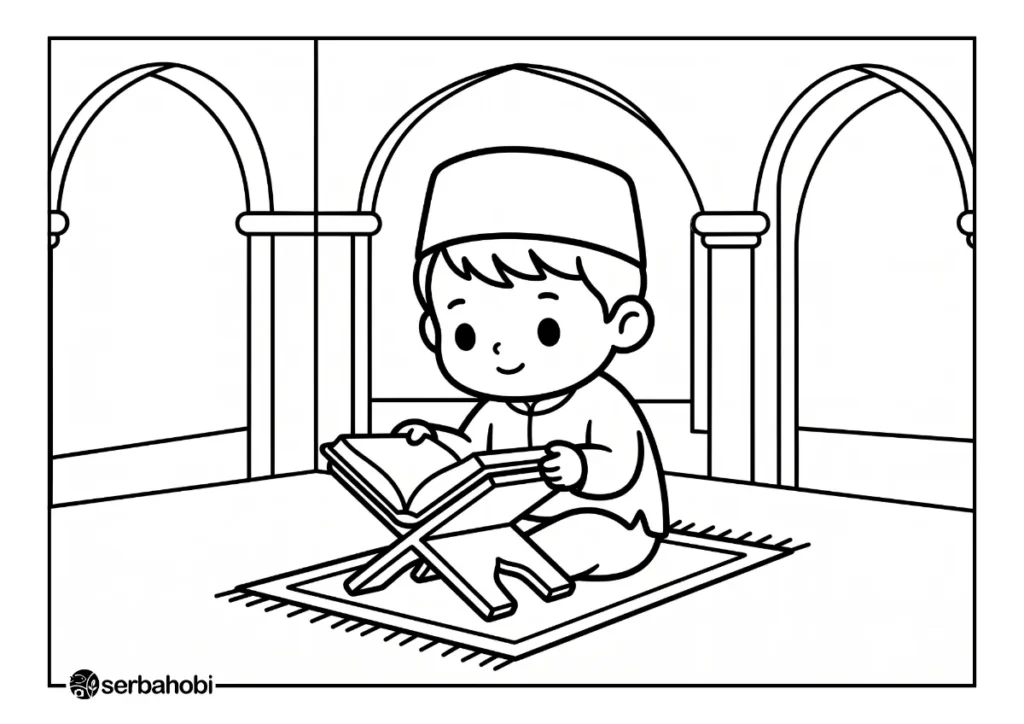 Lembar mewarnai gratis yang menampilkan santri cilik lucu duduk bersila membaca Al-Qur'an di serambi masjid yang damai.