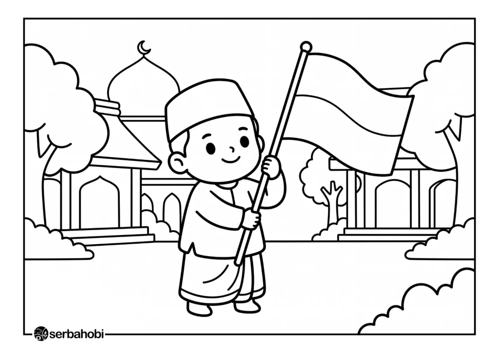 Halaman mewarnai anak yang menampilkan seorang santri laki-laki tersenyum bangga memegang tiang bendera di halaman masjid