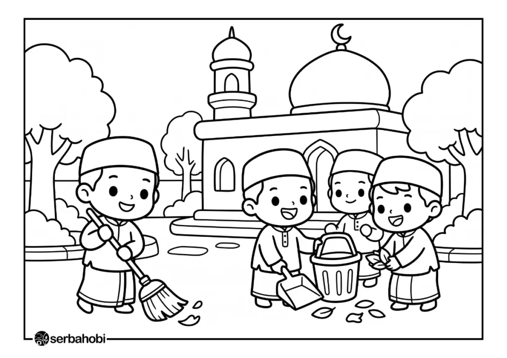 Lembar mewarnai gratis yang menampilkan anak-anak santri putra yang gembira sedang bergotong royong menyapu dan membersihkan halaman masjid.