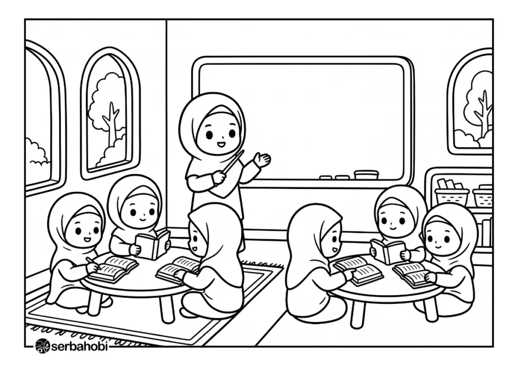 Lembar mewarnai gratis yang menampilkan suasana kelas pesantren dengan santriwati sedang membaca buku di meja bundar dan ustadzah mengajar di depan papan tulis.