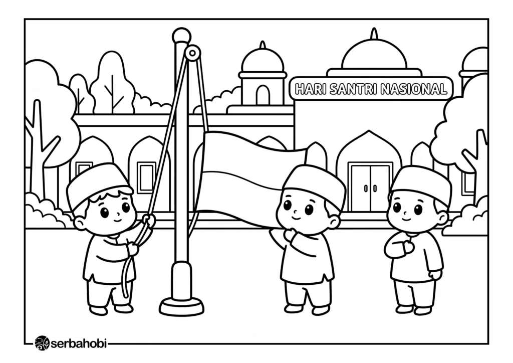 Lembar mewarnai gratis yang menampilkan tiga santri cilik sedang mengikuti upacara dan mengibarkan bendera di halaman pesantren untuk memperingati Hari Santri Nasional.
